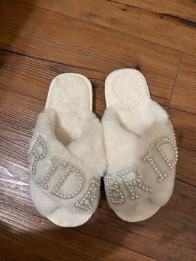 BRIDAL White Faux Fur Slide Slippers with Embellished Lettering